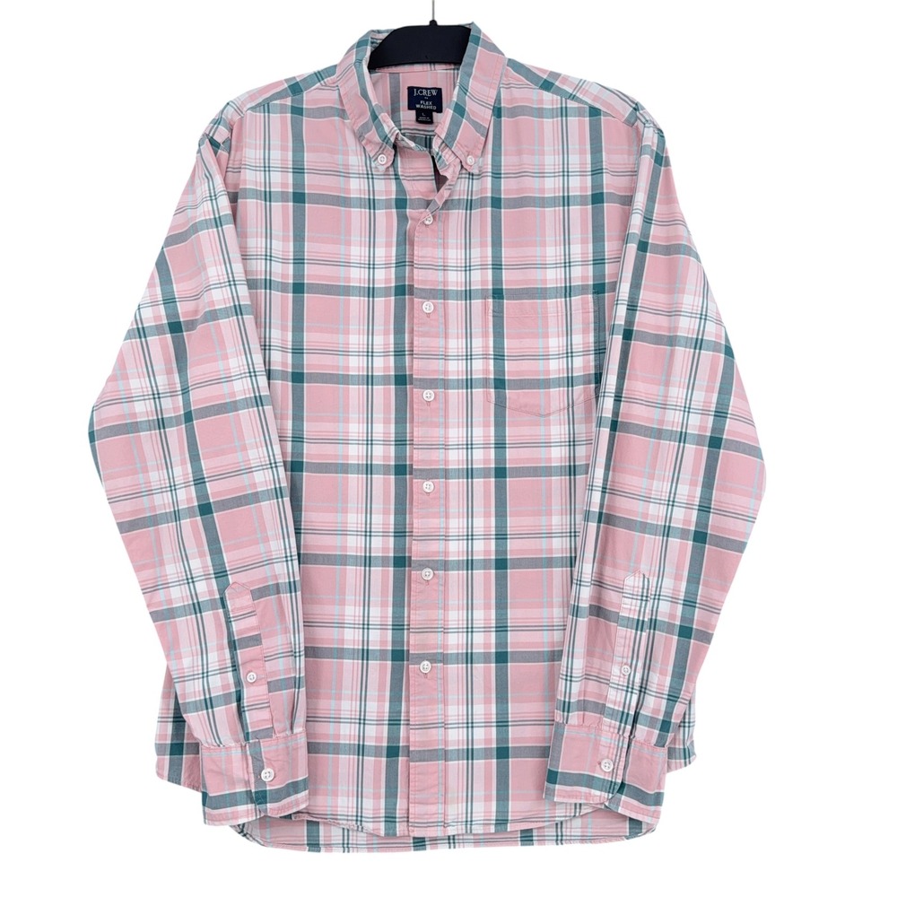 J.Crew Flex Washed Button Down Mens L Cotton Elastane Pink Plaid